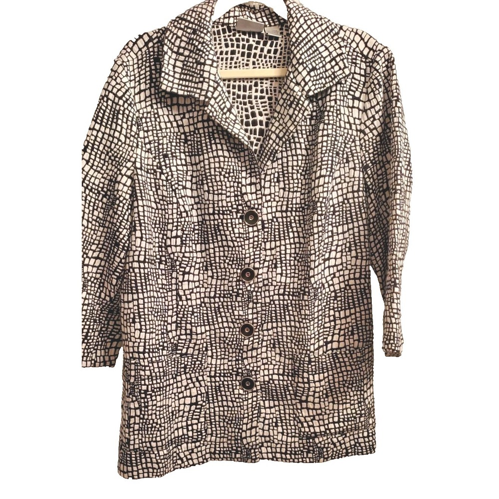 Chico's‎ Jacket Black White Geometric Button Up 3/4 Sleeves Classic Sz 2 ( 12)
